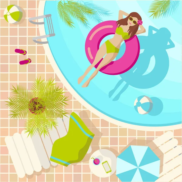 Summer tropical illustration with a girl in a swimming pool square shape