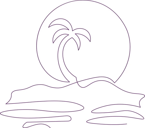 Umrisssymbol Mit Tropischer Inselzeichnung Einzeiligen Stil Mit Palmen Und Sonne — Stockvektor