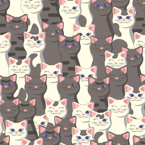 White, gray, stripped, tabby and spotted cats on animalistic seamless pattern