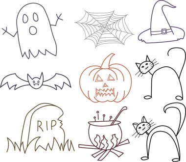 İçinde hayalet, yarasa, balkabağı ve kara kedi olan dokuz Cadılar Bayramı ikonu.