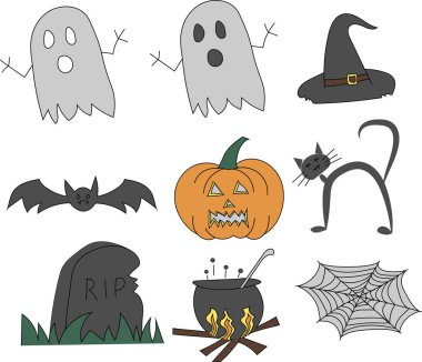 İçinde hayalet, yarasa, balkabağı ve kara kedi olan dokuz renkli Cadılar Bayramı simgesi.