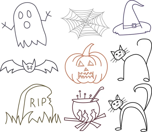 İçinde hayalet, yarasa, balkabağı ve kara kedi olan dokuz Cadılar Bayramı ikonu.