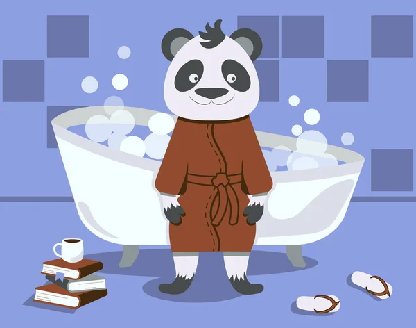 stock image Self-care illustration with panda dressed in a bathrobe staying in bathroom with foam and bubbles