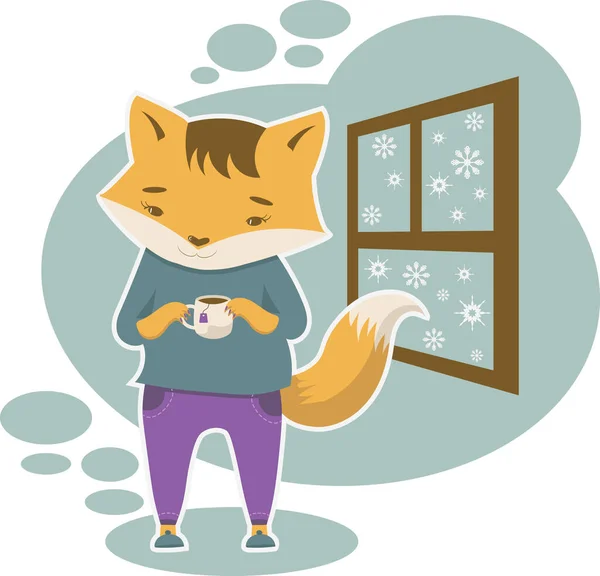 Fox Staying Cozy Home Cup Tea Winter Day Window Transparent — Stock Vector