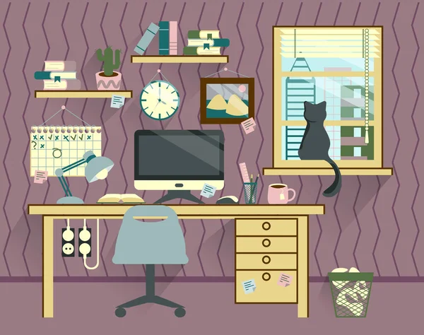 紫色の背景に多くの文房具と自宅やオフィスのインテリアのマネージャー作業スペース — ストック写真