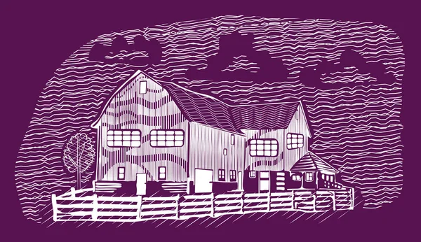 Bauernhaus Und Ranch Eigentum Landschaft Zeichnung Holzschnitt Stil Auf Kontrasthintergrund — Stockfoto