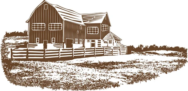 Ferme Ranch Propriété Campagne Paysage Dessin Style Gravé Sur Bois — Image vectorielle
