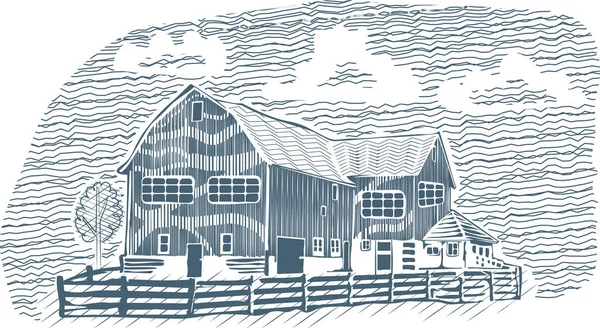 Texturierte Bauernhaus Und Ranch Eigentum Landschaft Zeichnung Holzschnitt Stil Auf — Stockvektor