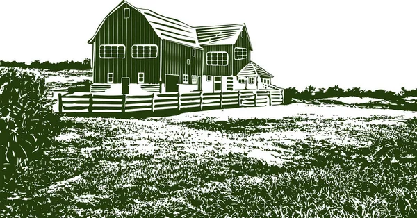 Sfondi Con Fattoria Ranch Proprietà Campagna Paesaggio Disegno Stile Xilografia — Vettoriale Stock