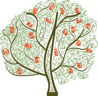 Şeffaf arkaplan üzerine kontur çizimi içinde soyut elma ağacı çizimi ile izole illüstrasyon