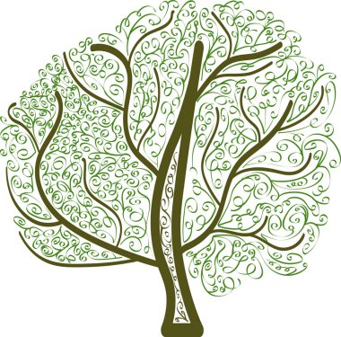 Şeffaf arkaplan üzerine kontür çizimi içinde soyut bahar ağacı çizimi ile izole illüstrasyon