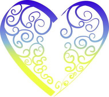 Gradyan Ukrayna bayrağı renginde, el yazısı tarzında izole edilmiş spiral desenli halk sanatı illüstrasyonu kalbi