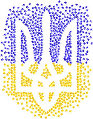 Ukrayna 'nın ulusal amblemi, Ukrayna Bağımsızlık Günü için şeffaf arkaplanda dağınık mavi ve sarı yıldızların bulunduğu üç çatallı mızrak şekilli tebrik kartı.