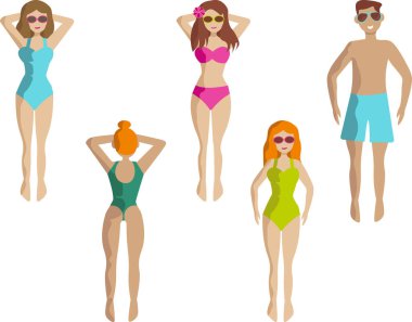 Güzel erkek ve kadın modeller üzerinde gösterilen çeşitli plaj mayo çeşitleri izole edilmiş.