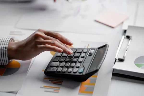 Businessman Using Calculator Calculate Company Financial Figures Earnings Papers Businessman — Foto de Stock