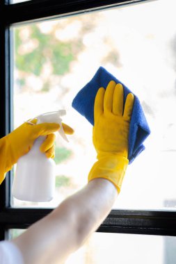 Odayı temizleyen kişi, temizlik personeli şirket odasındaki camları silmek için bez ve dezenfektan kullanıyor. Temizlik personeli. Organizasyondaki temizliği sürdürmek.