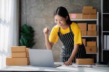 Bir çevrimiçi mağazanın sahibi, paketlenmiş ürünlerin siparişlerini web sitesinden sipariş edildiği gibi müşterilere teslimata hazırlamak için kontrol etmektedir. Çevrimiçi satış ve online alışveriş kavramları.