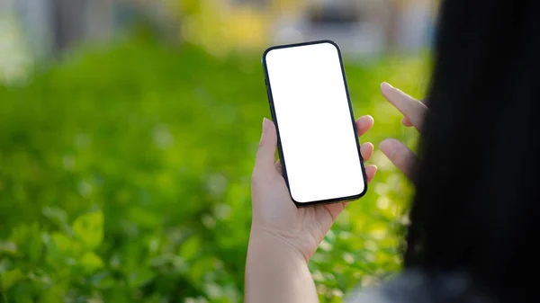 A person holding a blank screen phone in a hydroponic vegetable garden. Smart phone, blank white screen for inserting ads about gardening, shopping, trading hydroponics.