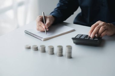Bir işadamı gelirinin ve harcamalarının kaydını tutuyor, daha hızlı büyümesi için aylık tasarruflarını kullanarak para kazanmayı planlıyor. Yatırım için para biriktirme kavramı.