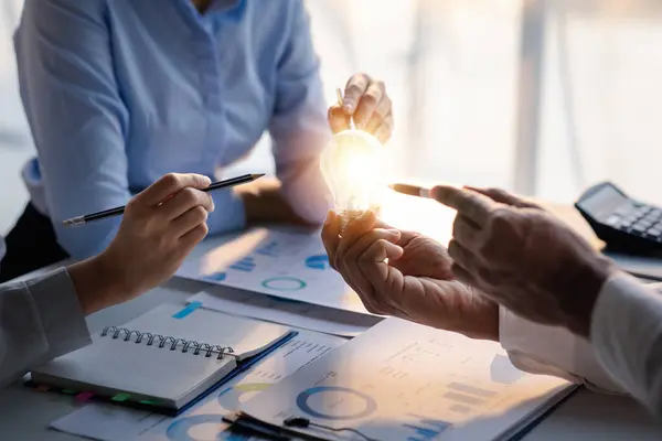 Businessman Holds Glowing Lamp Creative New Idea Innovation Brainstorming Strategizing —  Fotos de Stock