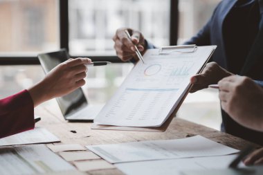 Groups of people joining in discussions, business meetings, startup company sales team meetings, brainstorming and summary of company performance. Business strategy management concept.