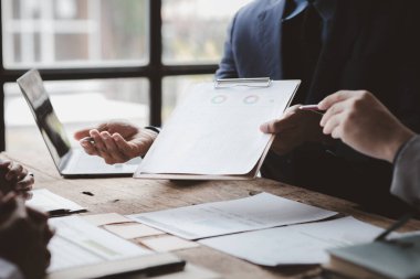 Groups of people joining in discussions, business meetings, startup company sales team meetings, brainstorming and summary of company performance. Business strategy management concept.