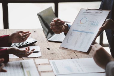 Groups of people joining in discussions, business meetings, startup company sales team meetings, brainstorming and summary of company performance. Business strategy management concept.