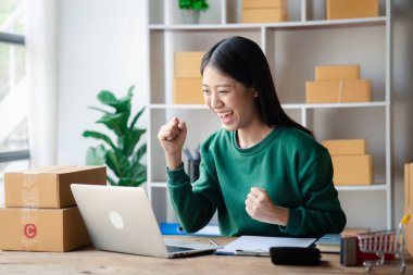The owner of an online store is checking orders for packaged products in order to prepare them for delivery to customers as ordered through the website. Online selling and online shopping concepts.