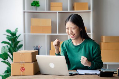 The owner of an online store is checking orders for packaged products in order to prepare them for delivery to customers as ordered through the website. Online selling and online shopping concepts.