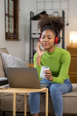 Amerikalı genç bir kadın oturma odasında, hafta sonlarını evde sosyal medya oynayarak ve film izleyerek geçiriyor. Tatilde yaşama kavramı.