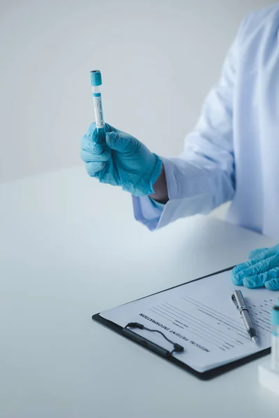 Lab Assistant Medical Scientist Chemistry Researcher Holds Glass Tube Blood —  Fotos de Stock