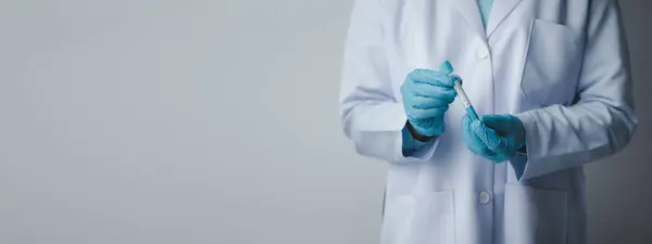 Lab Assistant Medical Scientist Chemistry Researcher Holds Glass Tube Blood — Stok fotoğraf