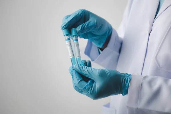 Lab Assistant Medical Scientist Chemistry Researcher Holds Glass Tube Blood — Foto de Stock