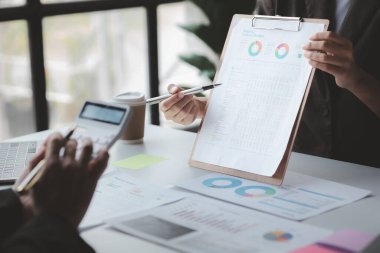 Groups of people joining in discussions, business meetings, startup company sales team meetings, brainstorming and summary of company performance. Business strategy management concept.