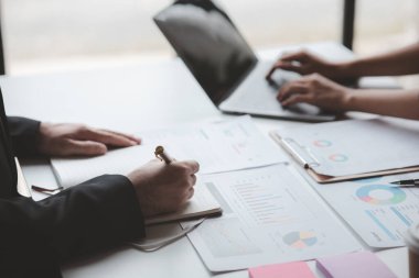 Groups of people joining in discussions, business meetings, startup company sales team meetings, brainstorming and summary of company performance. Business strategy management concept.