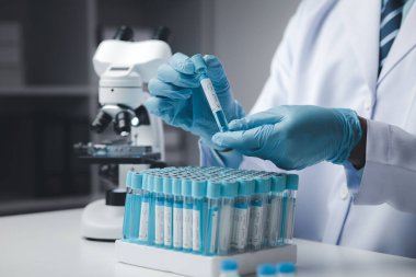Laboratuvar asistanı, tıp bilimcisi, kimya araştırmacısı kimyasal test tüpünden cam bir tüp tutuyor, kimyasal deney yapıyor ve hastanın örneğini inceliyor. Tıp ve araştırma konsepti.