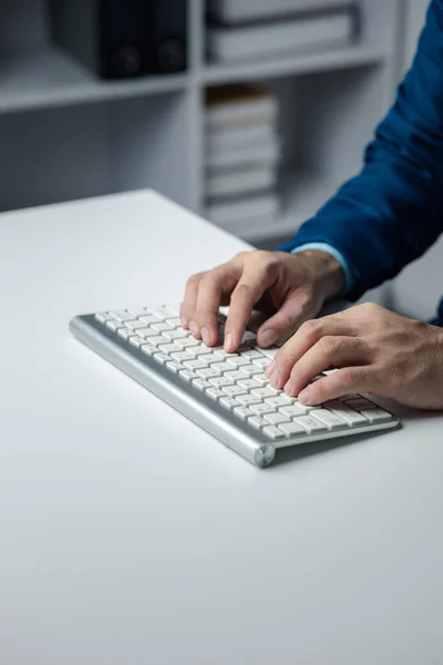 Person Typing Computer Keyboard Businessman Working Startup Company Office Typing — Stock Photo, Image