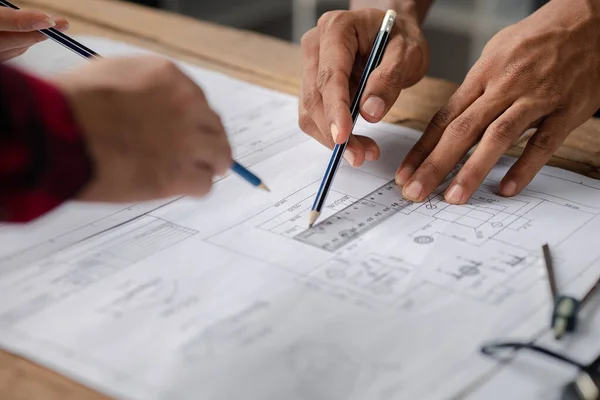Home Design Architects Reviewing House Plan Draft Project Commissioned Client — Stockfoto