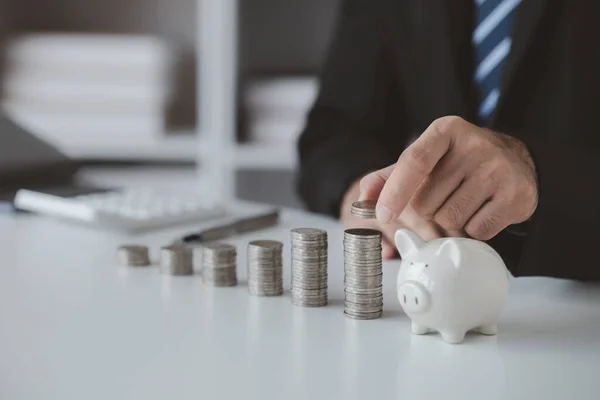 Person Pile Coins Piggy Bank Money Saving Concept Future Use — ストック写真