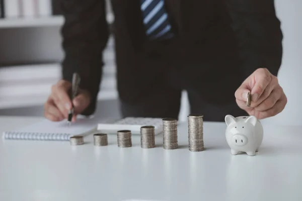 Person Pile Coins Piggy Bank Money Saving Concept Future Use — ストック写真