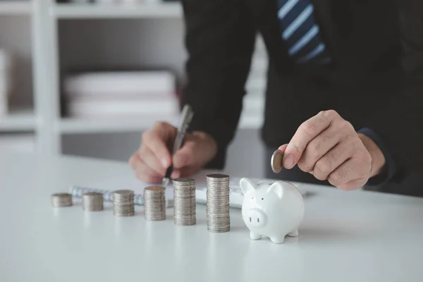 Person Pile Coins Piggy Bank Money Saving Concept Future Use — Fotografia de Stock