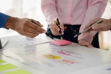 Şirket toplantı odasında iş adamları ve finans yöneticileri iş planı konusunda bir araya geliyor. Belgeler hakkında bilgi topluyor ve birlikte tartışıyorlar. İş planlama yönetimi kavramı.