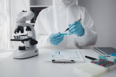 Lab practitioner working on chemical research for chemical reactions, does a chemical experiment and examines a patient's blood sample. Medicine and research concept.