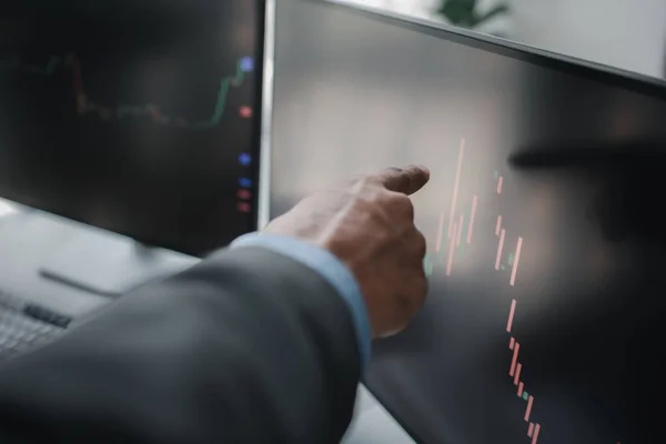 Two investors analyzing the stock market for trading, business man trading stocks for profit, stock market up and down chart display, investment management, analysis for profit trading in stocks.