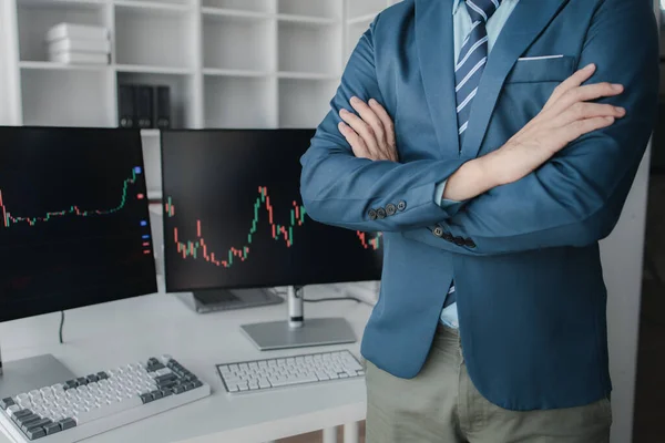 Stock investor with stock market graph screen, stock fluctuation analysis, business man trading stocks for profit, stock market fluctuation graph screen, profit trading analysis.