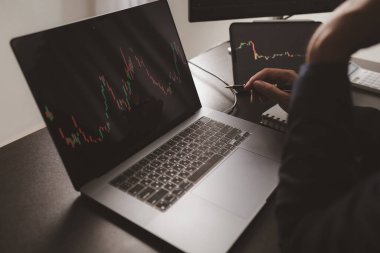 Hisse tablosuna bakan kişi, borsa analizi, borsa analizi, kripto para birimlerine yatırım. Hisselere yatırım yapma kavramı.