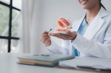 Dişleri açıklamak için takma dişleri olan dişçi, ortodontik kılavuzları tavsiye eden dişçi, hastanın semptomlarına danışan dişçi ve endodontik tedavi. Diş tedavisi kavramı.