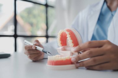 Dişleri açıklamak için takma dişleri olan dişçi, ortodontik kılavuzları tavsiye eden dişçi, hastanın semptomlarına danışan dişçi ve endodontik tedavi. Diş tedavisi kavramı.