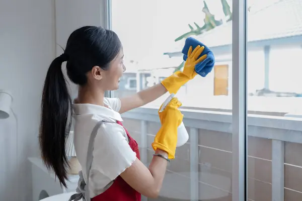 Asian woman cleaning staff, housekeeper cleaning windows in a company office, maintaining cleanliness in the office. Cleaning concept and housekeeper taking care of cleanliness and order in the office