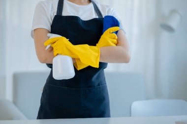 Asyalı kadınlar temizlik işlerine hazırlanmak için üniforma giyer, temizlik kimyasallarına karşı önlük ve lastik eldiven giyer, temizlikçi işe başlamadan önce mutlu bir şekilde gülümser, temizlik fikri.